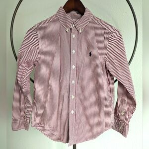 Boys Red White Stripe Polo Ralph Lauren Button Up Holiday Shirt Sz M 10/12